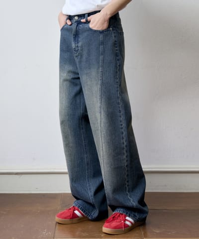 アワーデイズ 夏バージョン ウェイビー カーブド ワイド デニムパンツ [ブルー]