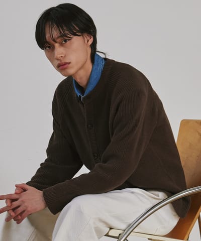 KNITTED [ニティドXファッションプラネット] コットンワッフルラウンドカーディガン ブラウン