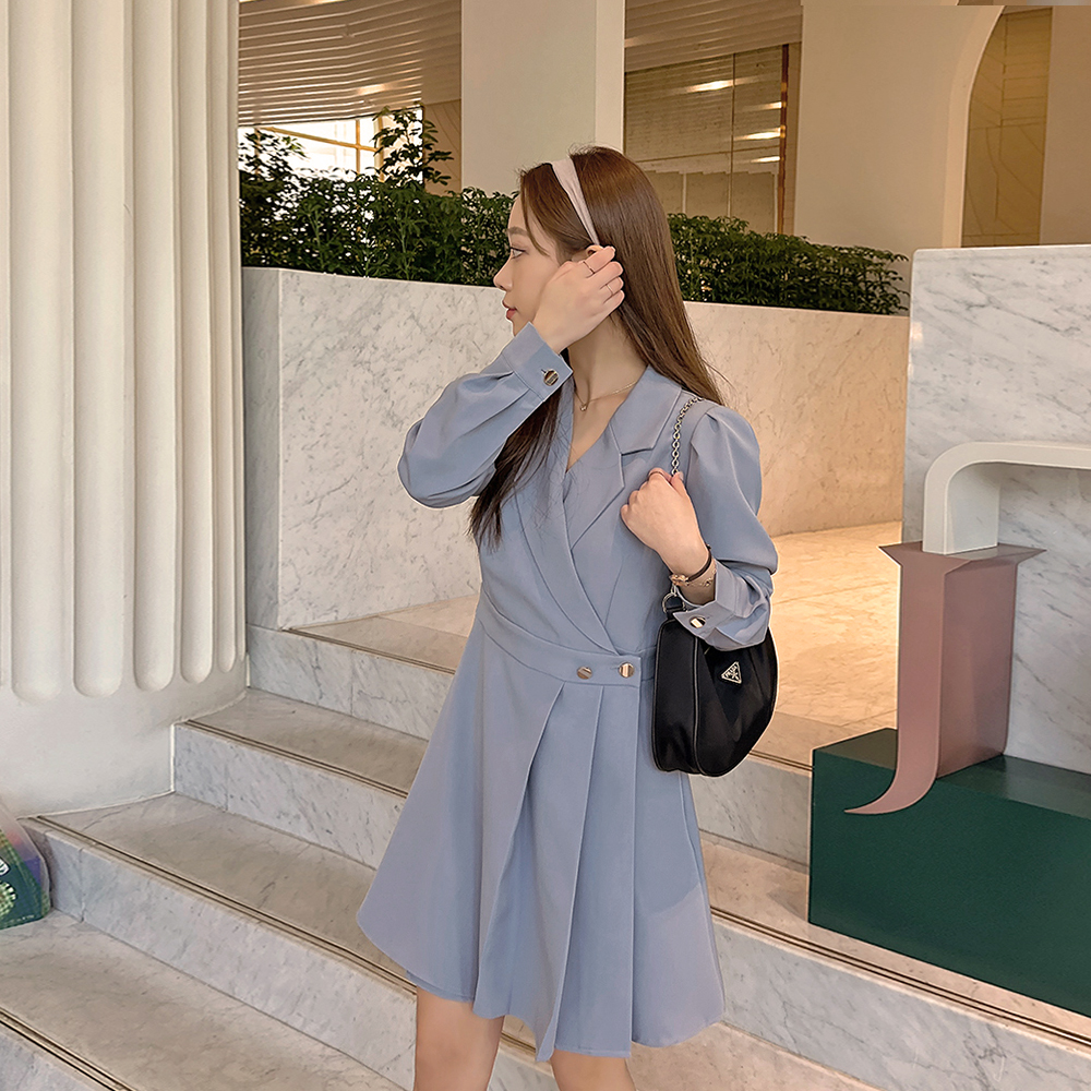 リリアンコー クレピオール カラーネック ラップスタイル プリーツワンピース 春秋 結婚式 通勤 画像 3