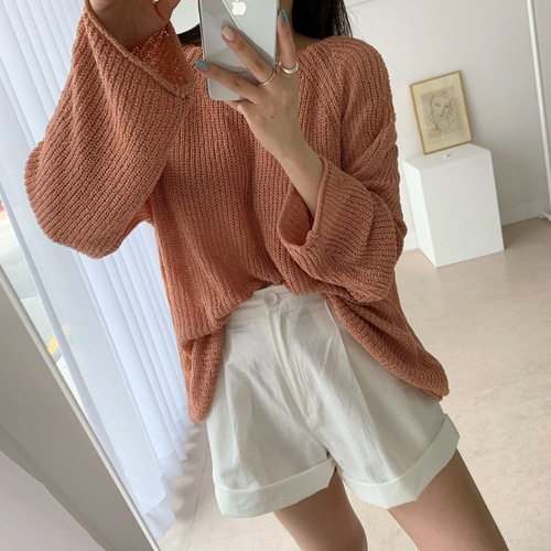 (無配) ブークルリップネックラウンドルーズフィット夏長袖ニット 8色展開 画像 3