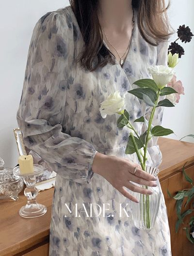 K CLUB エルブ フラワー シフォン ロング ワンピース 長袖 春 リゾート バカンス デート 画像 1