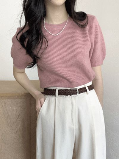 ユラタイム ミエル パフスリーブ セミクロップニット 半袖 画像 2