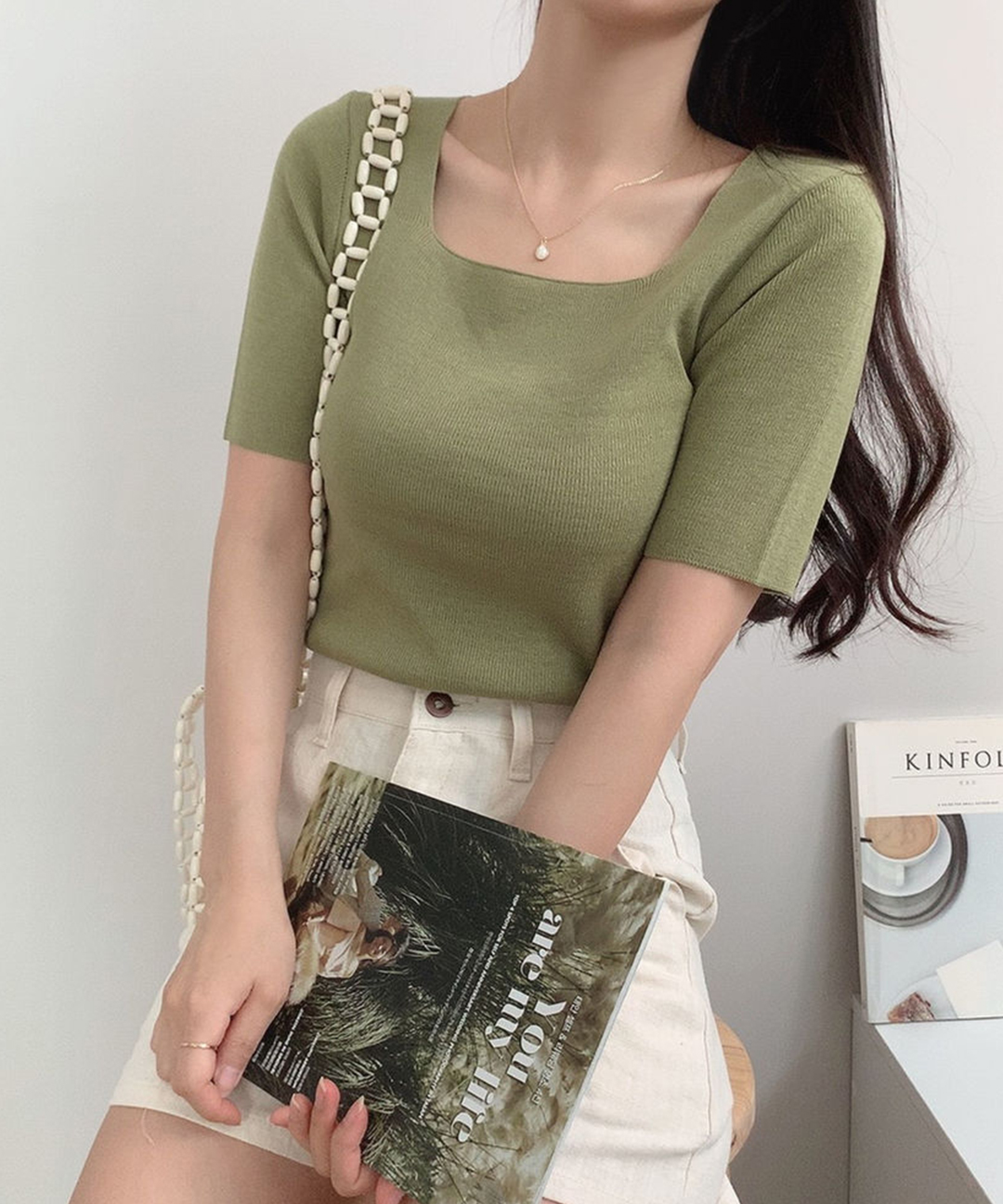 ベーシック無地スクエアネック半袖ニットTシャツ - 7色展開 画像 5