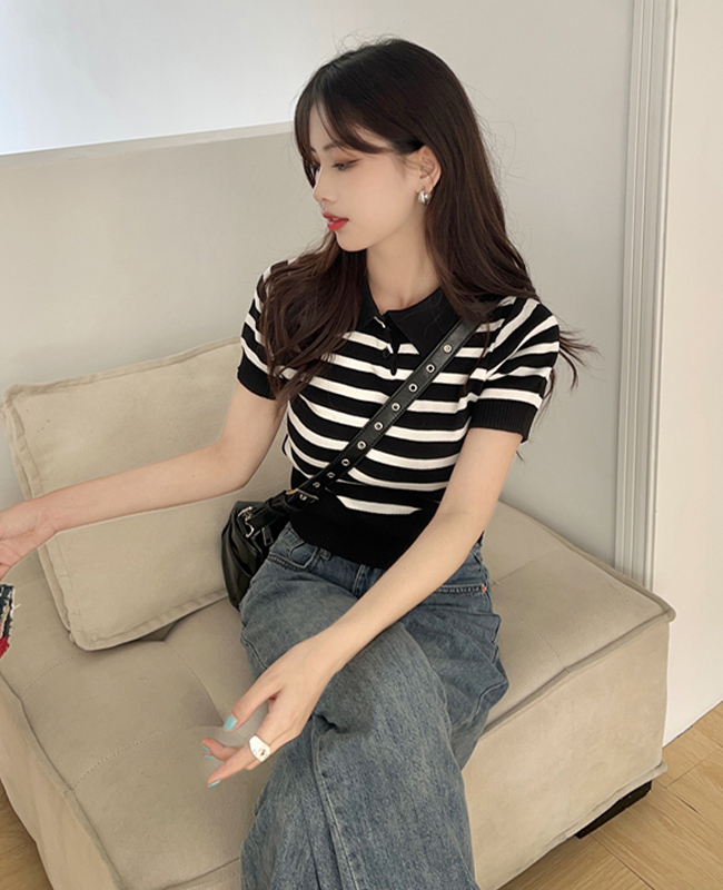 カラーネックストライプクロップ半袖ニットTシャツ - 5色展開 画像 6