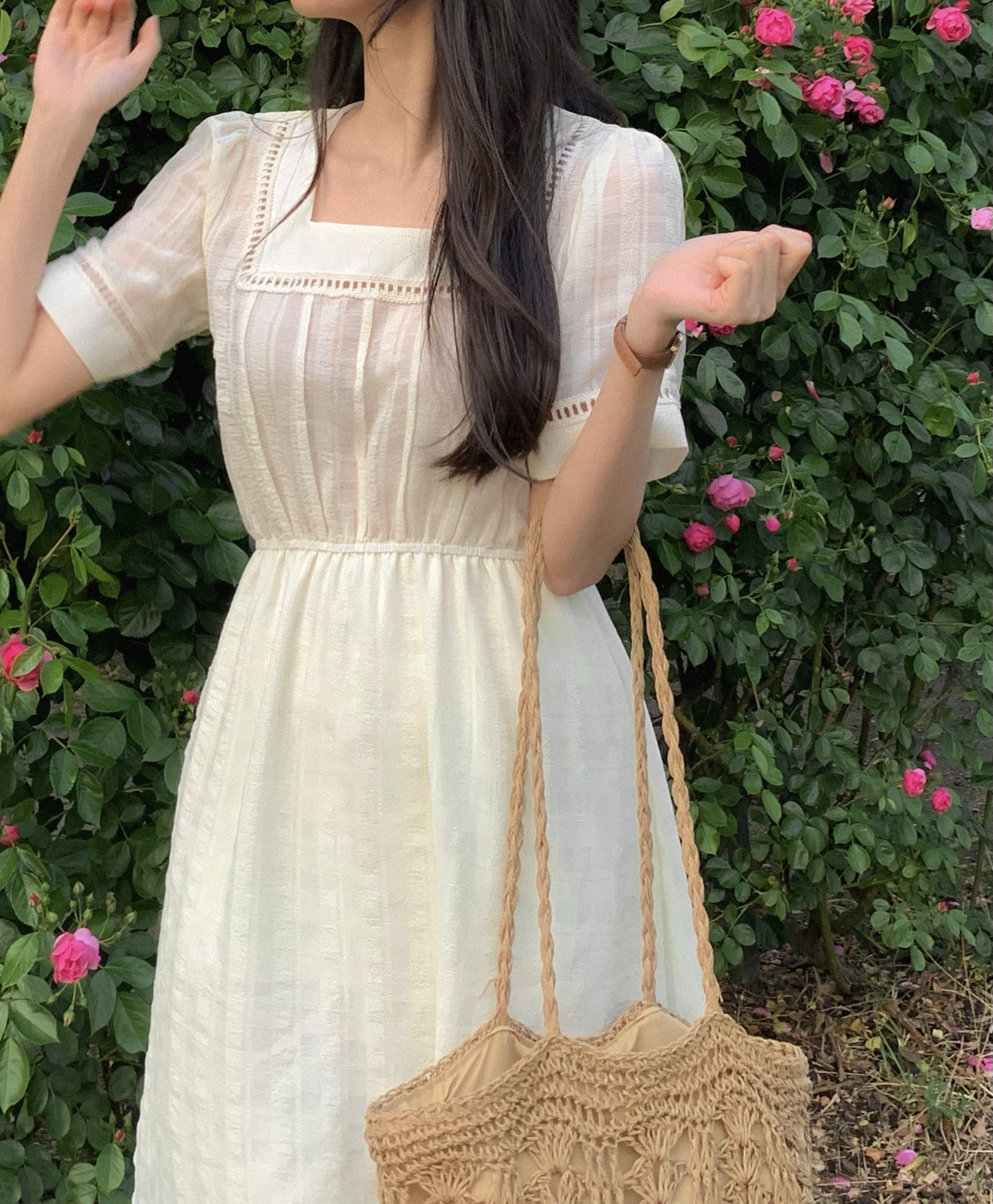 スケッチユー パンチングレース スクエアネック チェックシースルー ロングワンピース 2カラー 画像 5