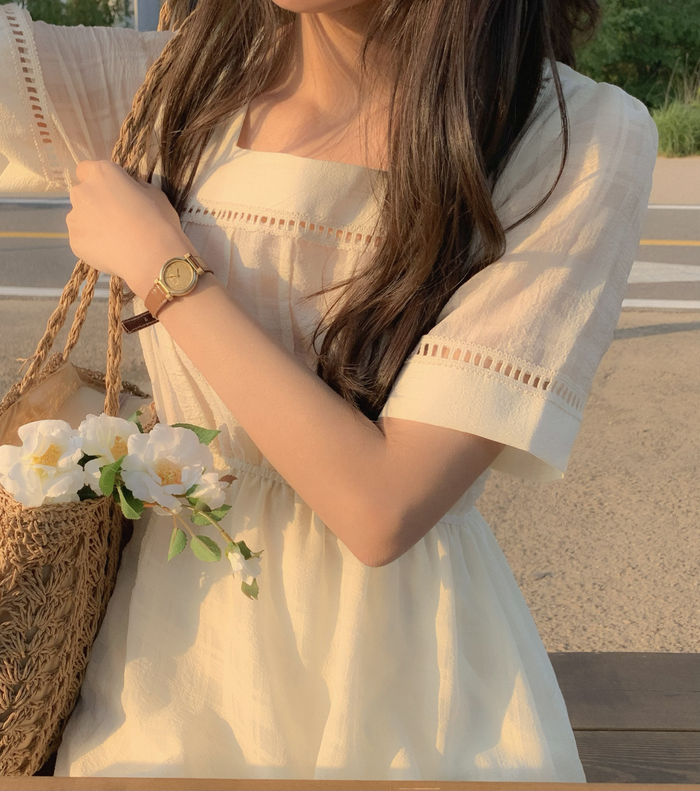 スケッチユー パンチングレース スクエアネック チェックシースルー ロングワンピース 2カラー 画像 6