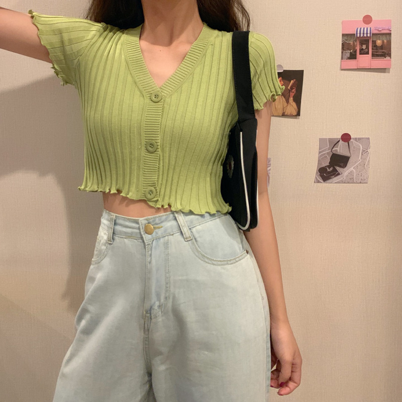 ジャムビレッジ Vネック フリル ニットカーディガン 半袖 クロップ丈 リブ編み 8カラー 夏フェス 画像 3