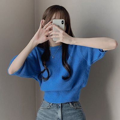 ラブアンドサム レディース クロップ丈 ニット 半袖 ラウンドネック ルーズフィット 10カラー 画像 2