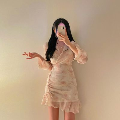 ヘアンヌ ラップVネックシャーリングフラワーフリルシフォンミニワンピース 画像 2