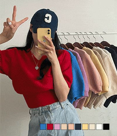 ポコ 裾シャーリング Vネック パフスリーブ クロップ丈 半袖ニット 画像 2
