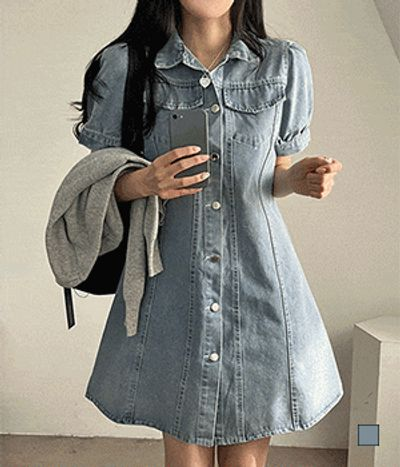 ギフティボックス 単雨 デニムワンピース ミディ丈 パフスリーブ 半袖 画像 2