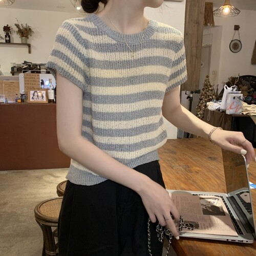 アントッド メッシュ編み半袖ニット ボーダーストライプ 春夏秋対応 画像 11