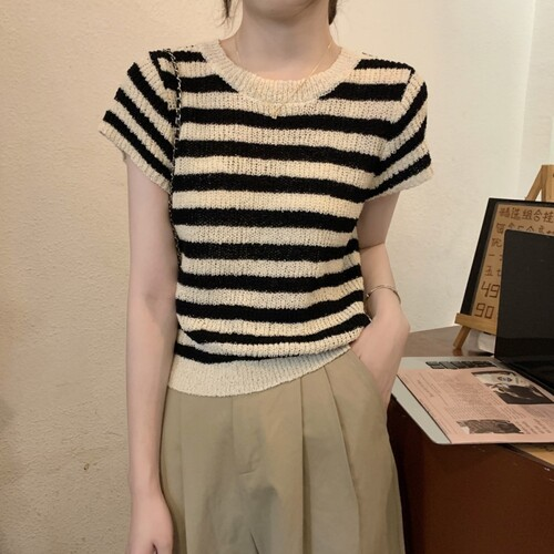 アントッド メッシュ編み半袖ニット ボーダーストライプ 春夏秋対応 画像 4