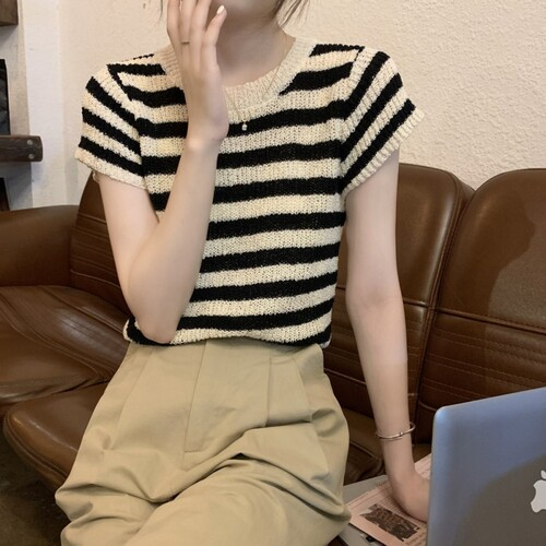 アントッド メッシュ編み半袖ニット ボーダーストライプ 春夏秋対応 画像 5
