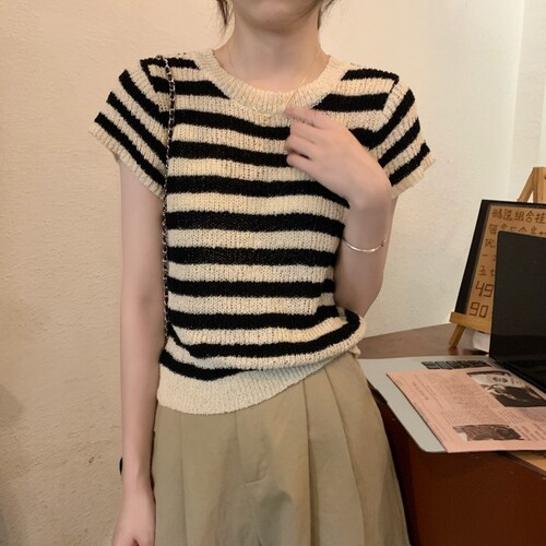 アントッド メッシュ編み半袖ニット ボーダーストライプ 春夏秋対応 画像 6