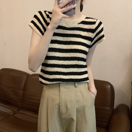 アントッド メッシュ編み半袖ニット ボーダーストライプ 春夏秋対応 画像 7