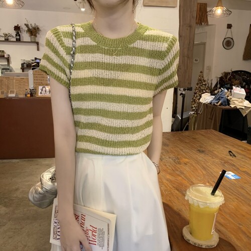 アントッド メッシュ編み半袖ニット ボーダーストライプ 春夏秋対応 画像 8