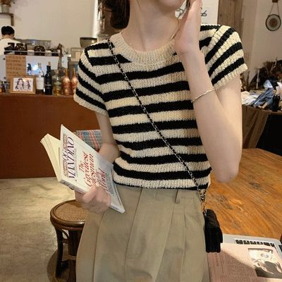 アントッド メッシュ編み半袖ニット ボーダーストライプ 春夏秋対応 画像 2
