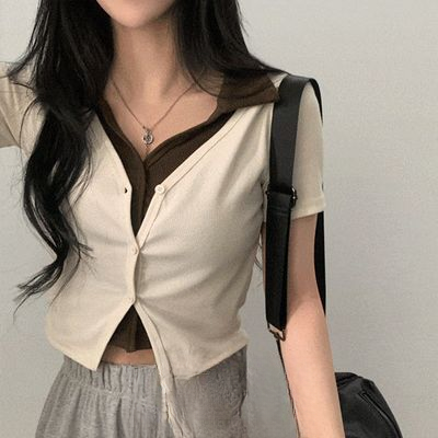 SUGAR POWDER 二重レイヤード カラー付き クロップ丈 半袖カーディガンTシャツ 5カラー