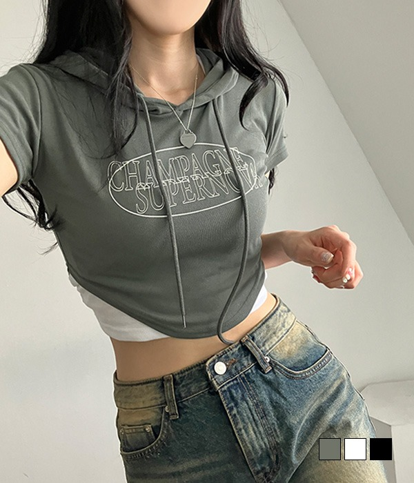 ギフティボックス スーパーノバ Y2Kクロップ丈Tシャツ サークルレタリング フード付き半袖
