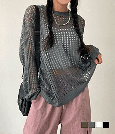 ギフティボックス ハイキ グリッドネット ルーズフィット ニット シースルー デザイン 画像 2
