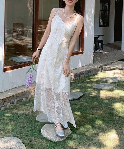 ILUA ミューズ トリプルフリル レース切替 ストラップ ノースリーブ ロングワンピース 画像 2