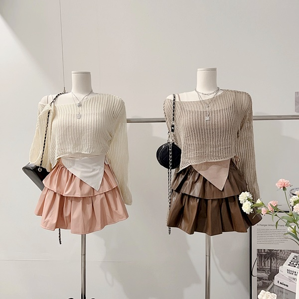 スクエアネックニットビスチェ&トップス 2ピースセット オーバーフィット クロップ丈 夏ニット オフショルダー可能 画像 4
