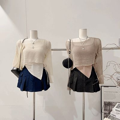 スクエアネックニットビスチェ&トップス 2ピースセット オーバーフィット クロップ丈 夏ニット オフショルダー可能 画像 2