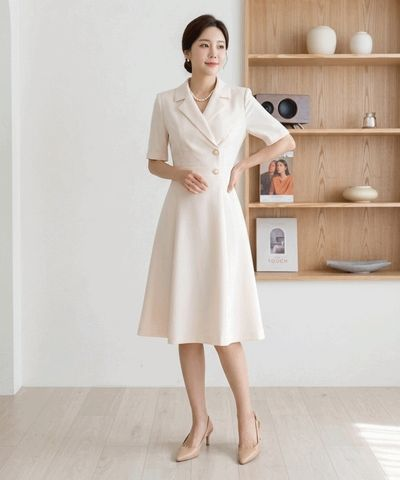 LOVESUNDAY ジホット カラーネック A ライン ミディ ワンピース レディース 半袖 フレア 正装 画像 2