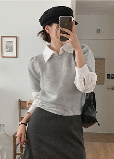 リリアンコー シャニジェン セミクロップ ラウンドネック パフスリーブ 半袖ニット 画像 2