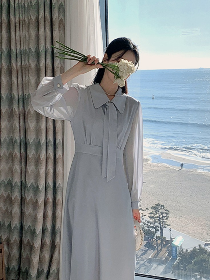 リリアンコー ルディエルリン シアーシフォン タイカラーネック ロングワンピース 春秋 デイリー デート 通勤 画像 3