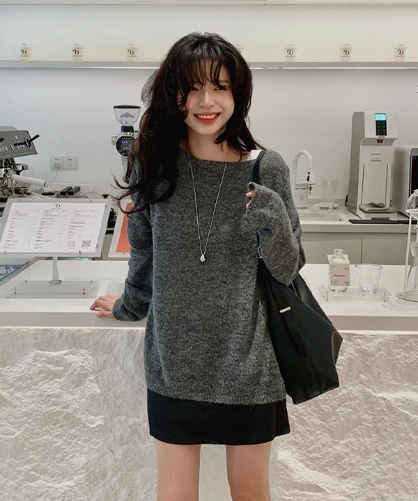 ルーズ リップネック アルパカ ウール ニット オーバーフィット 長袖 セミシースルー ボートネック ニット Tシャツ レイヤード ルーズフィット 季節の変わり目 春 秋 Tシャツ 画像 3
