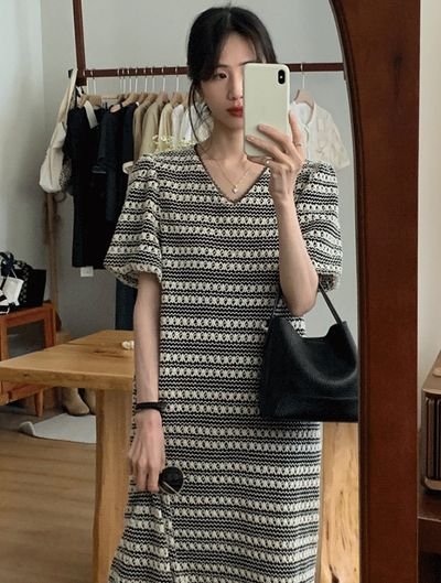 メイドジェイ Vネック パフスリーブ レース ロングワンピース  春夏 Aライン フレア 画像 2
