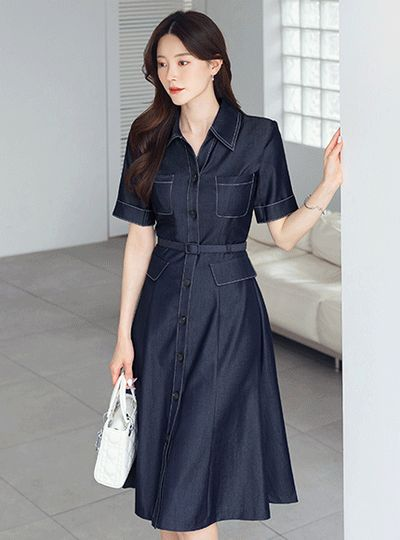シークライン デニムワンピース オープンカラー ステッチ ベルテッド レディース 画像 2