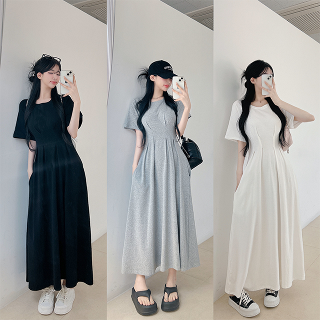 グルービーフロア ロングワンピース ウエストピンタック 3カラー展開