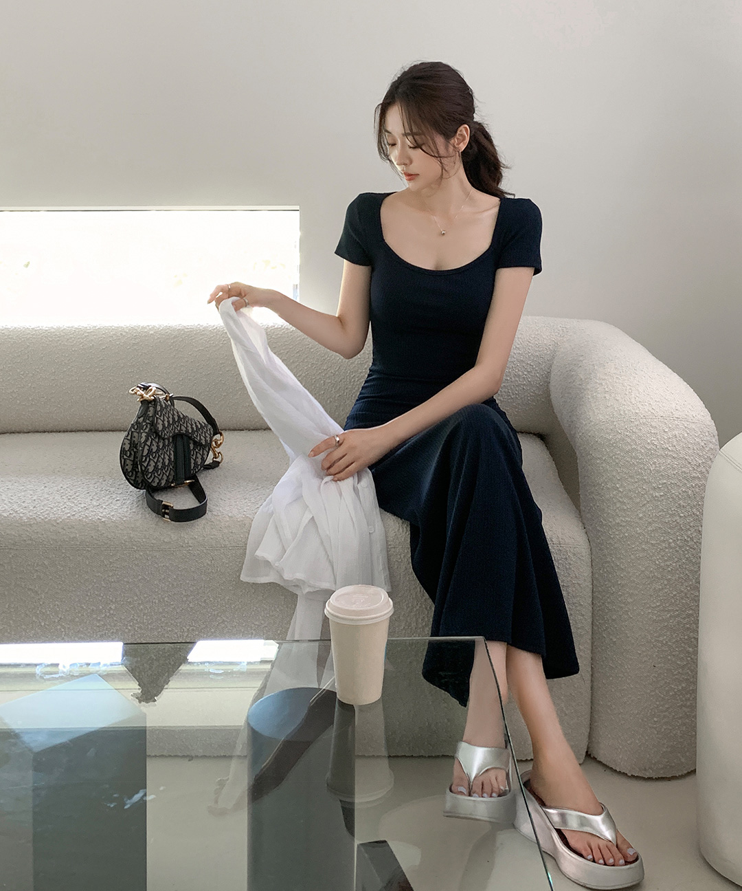 スクエアネック ロングワンピース シャーリング キャップスリーブ リブニット フレアシルエット レディース 画像 5