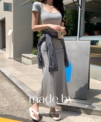 スクエアネック ロングワンピース シャーリング キャップスリーブ リブニット フレアシルエット レディース 画像 2