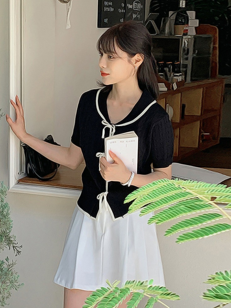 リリアンコ ソフリンド 配色ケーブルリボンニットTシャツ ワイドカラー半袖 裾スリット 画像 3