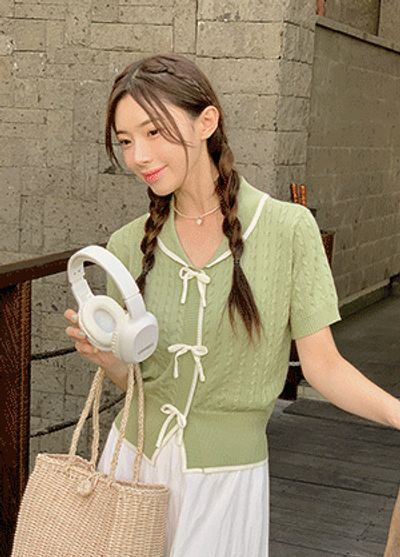 リリアンコ ソフリンド 配色ケーブルリボンニットTシャツ ワイドカラー半袖 裾スリット 画像 2