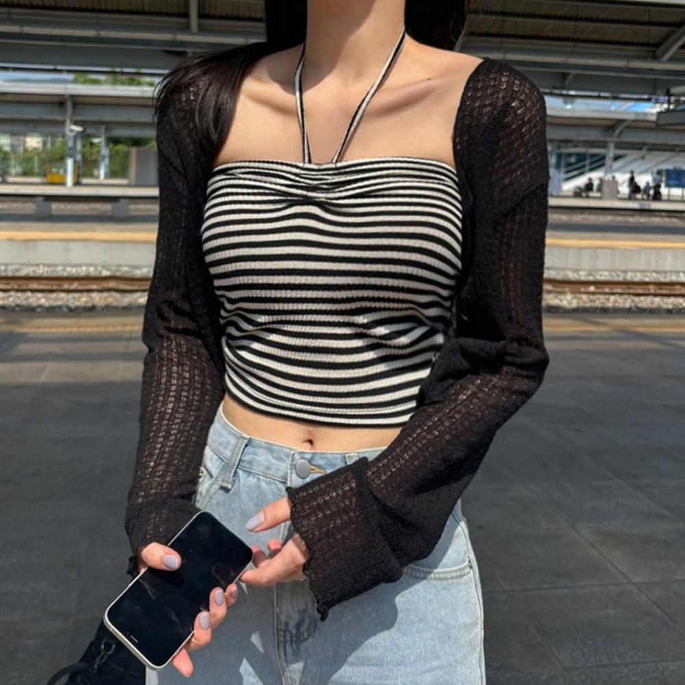 ホルターネック ニットトップス レディース 2WAY クロップ丈 ノースリーブ ボーダー柄 シャーリング インナー ワナビーミューズ 画像 5