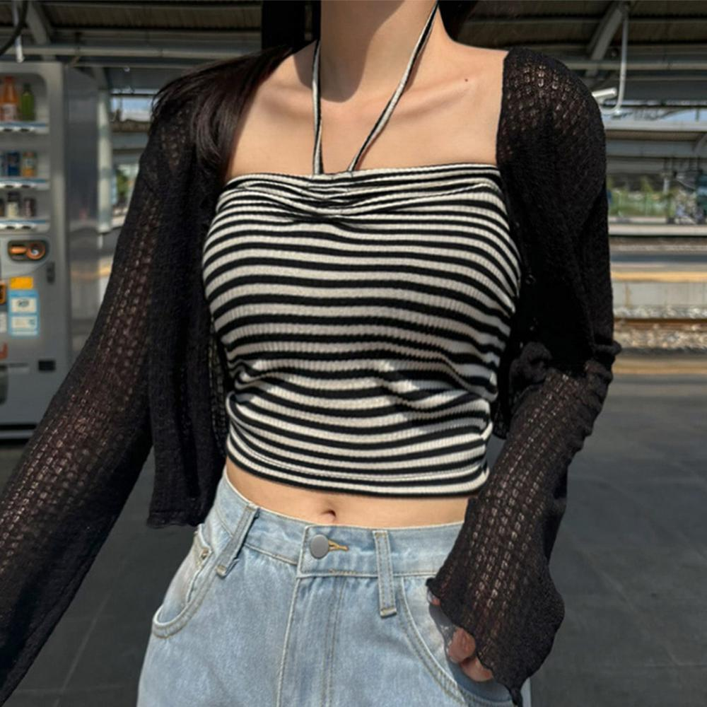 ホルターネック ニットトップス レディース 2WAY クロップ丈 ノースリーブ ボーダー柄 シャーリング インナー ワナビーミューズ 画像 7