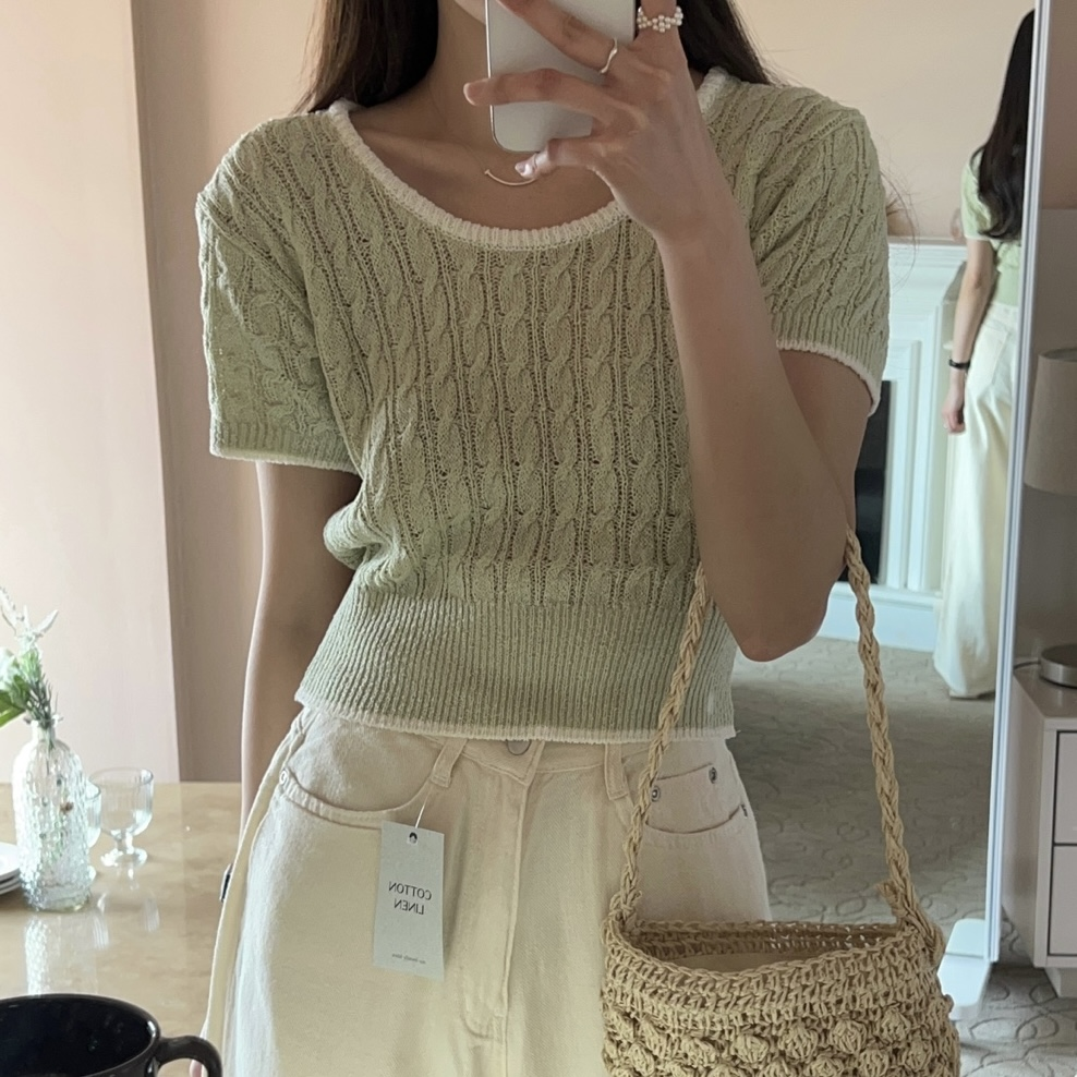 グリニスタジオ ブークレケーブル編み クロップニット 半袖Uネック 配色デザイン 4カラー 画像 3