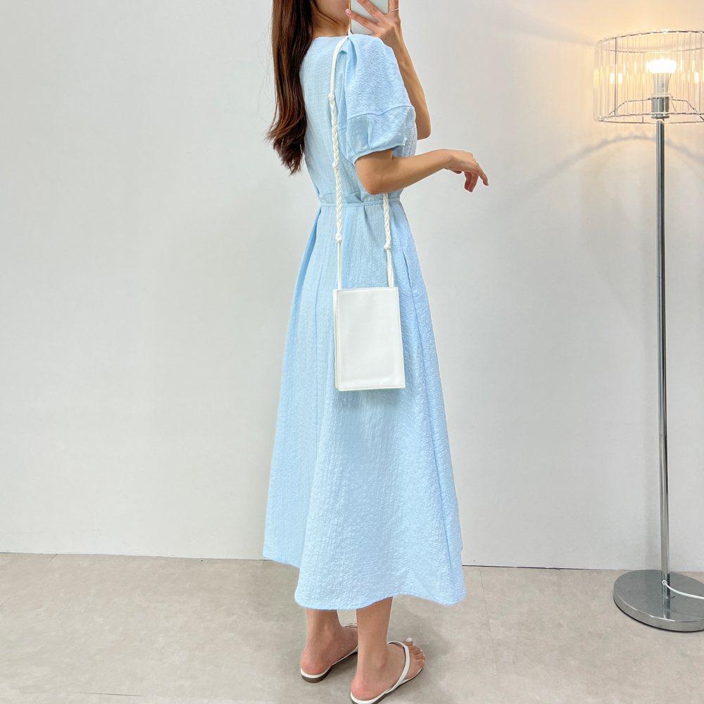 レイディムーブ スクエアネック パフスリーブ ロングワンピース ルーズフィット ウエストリボン付き 半袖 お呼ばれドレス 3カラー 画像 5