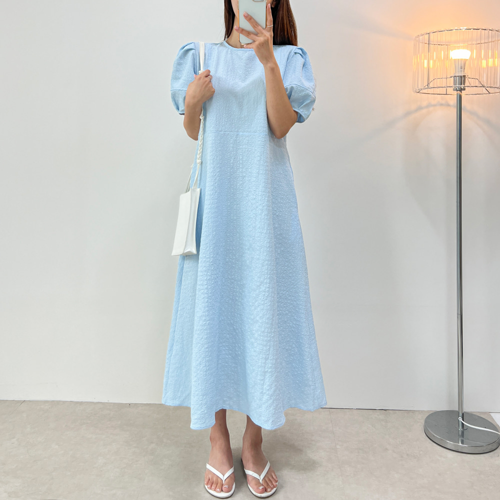 レイディムーブ スクエアネック パフスリーブ ロングワンピース ルーズフィット ウエストリボン付き 半袖 お呼ばれドレス 3カラー 画像 7