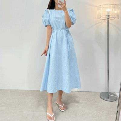 レイディムーブ スクエアネック パフスリーブ ロングワンピース ルーズフィット ウエストリボン付き 半袖 お呼ばれドレス 3カラー 画像 2