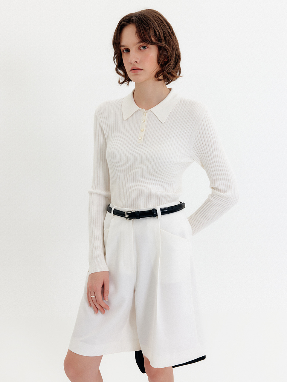 LOOKAST JAY RIBBED BUTTON KNIT TOP アイボリー リブ編みボタンニット 画像 3