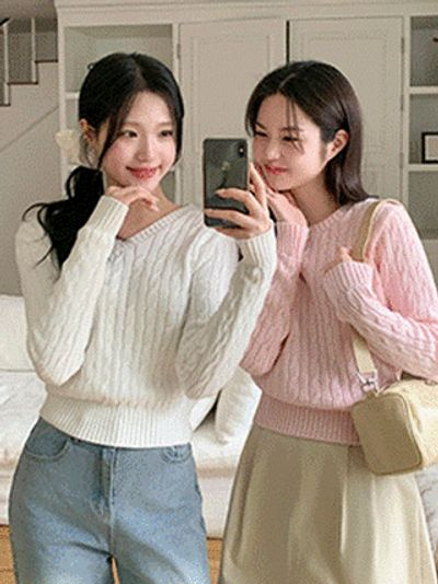 アットランス ケーブルニット レディース ラウンド&Vネック 長袖 金属ペンダント付き nt4838 画像 2