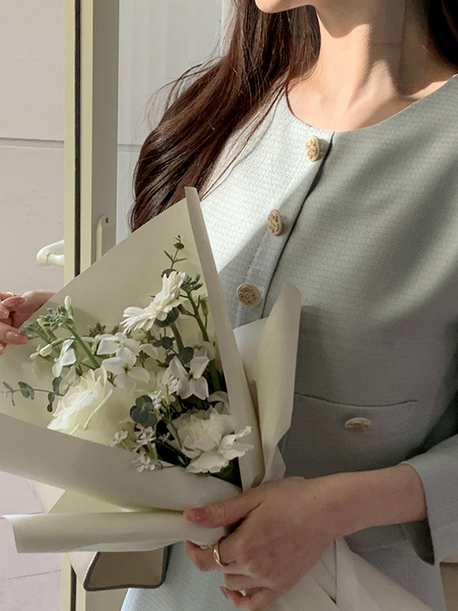アトランス トゥイードフレアワンピース ロング丈 ボタンディテール 結婚式お呼ばれドレス 国内製作 画像 4