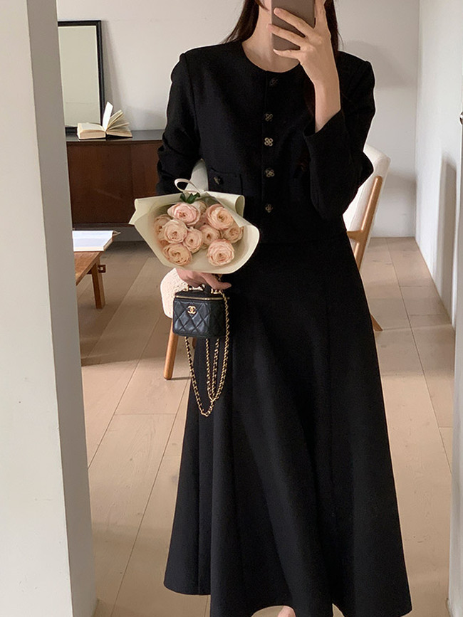 アトランス トゥイードフレアワンピース ロング丈 ボタンディテール 結婚式お呼ばれドレス 国内製作 画像 6