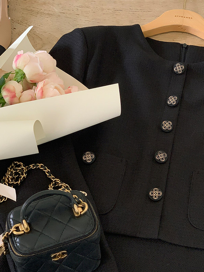アトランス トゥイードフレアワンピース ロング丈 ボタンディテール 結婚式お呼ばれドレス 国内製作 画像 9
